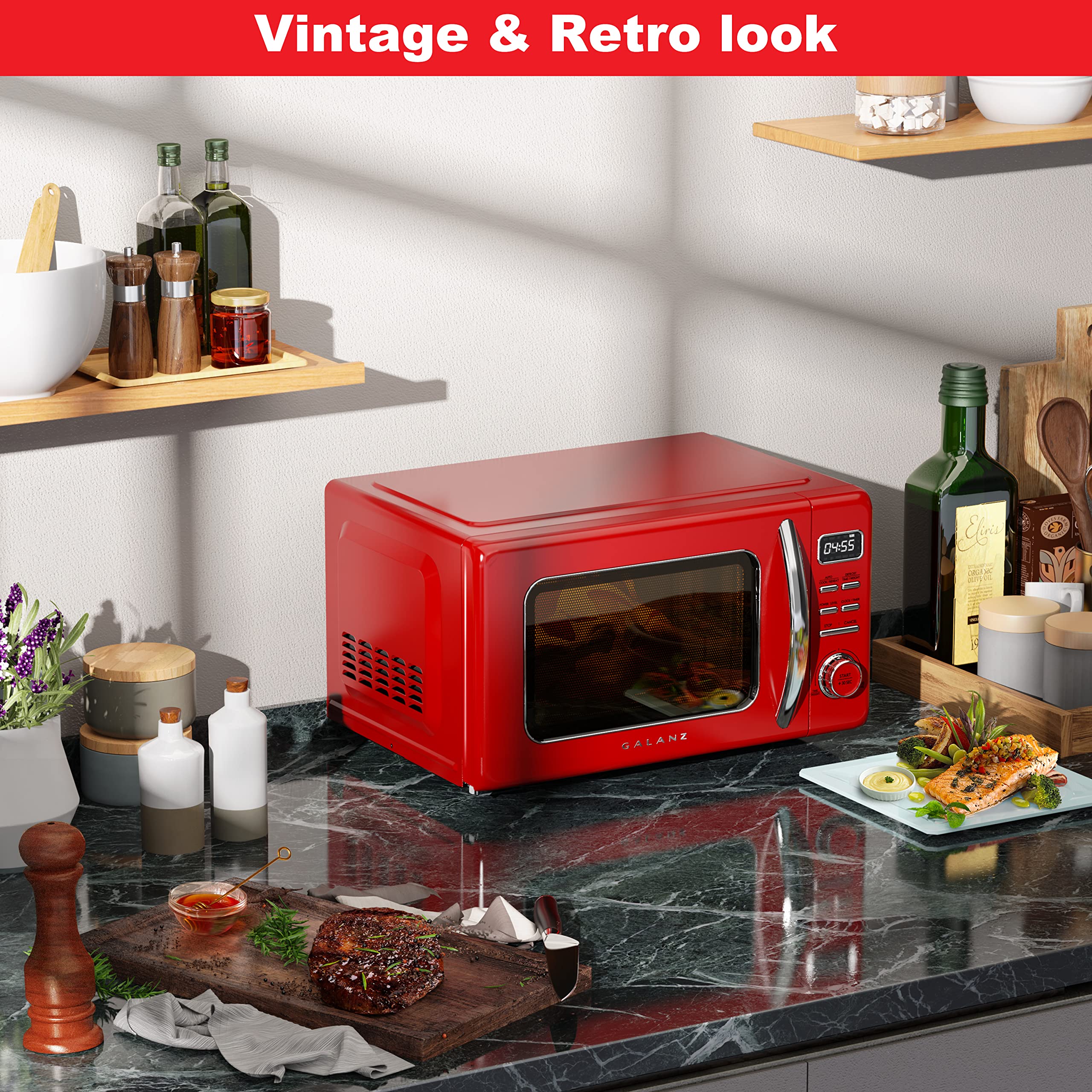 Galanz Glcmkz09Rdr09 Retro Countertop Microwave Oven With Auto Cook & Reheat, Defrost, Quick Start Functions, Easy Clean With Gl